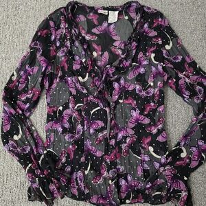 No Boundaries Butterfly Sheer Y2K Button Front Blouse Fairycore Goth L